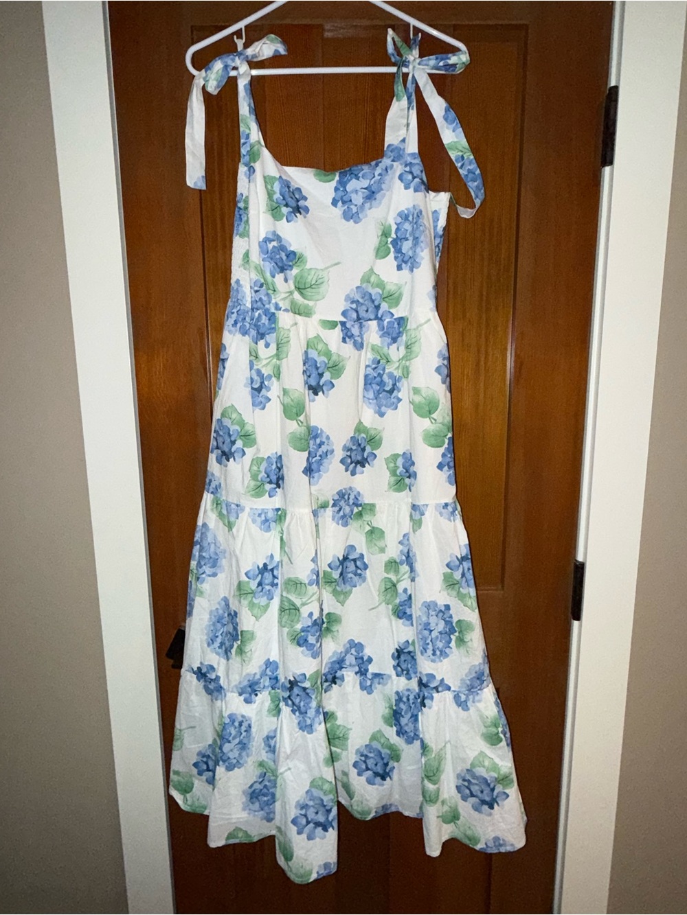 Pink Lily White Sundress with Blue Floral Print and Tie Straps Large